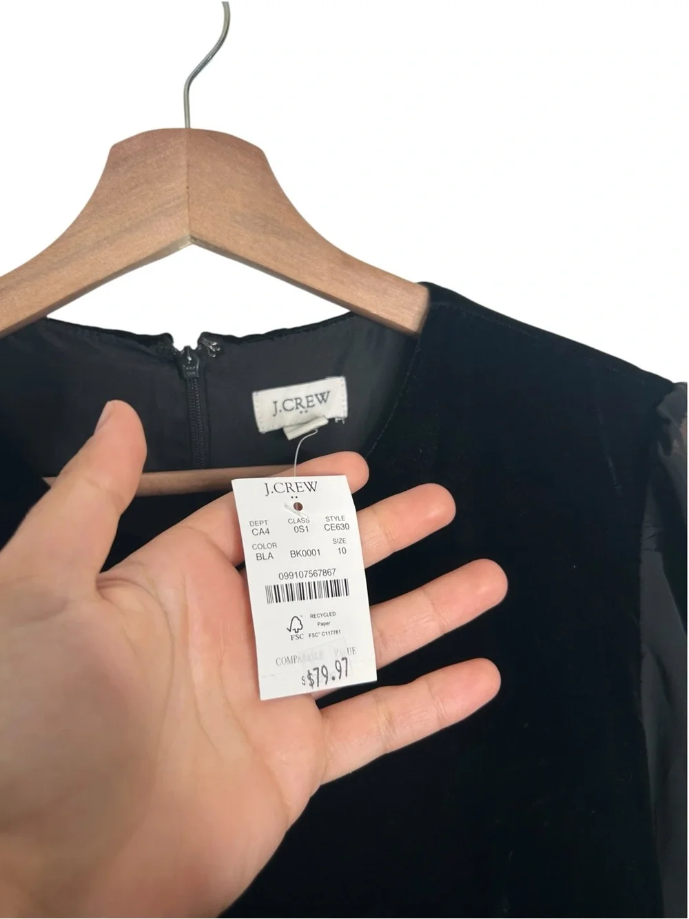 J.Crew Black Velvet Shift Cocktail Dress Sheer Chiffon Sleeves Women’s Size 10